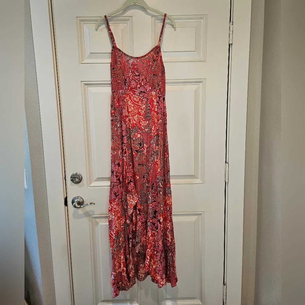 Free People Forever Yours Smocked Slip Dress Maxi Ruffled Slit Floral Red Sm NWT - Picture 2 of 16